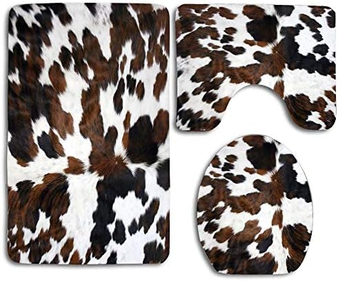 COOLSOMEJIES Bath Mat, Cowhide Tan Black and White Texture Bathroom Carpet Rug Non-Slip 3 Piece Toilet Mat Set Floor Mat Home Decor (19.6" W X 31" L)