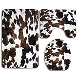 COOLSOMEJIES Bath Mat, Cowhide Tan Black and White Texture Bathroom Carpet Rug Non-Slip 3 Piece Toil