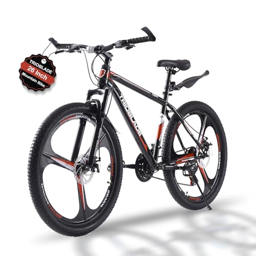 TRIOBLADE 24''26''27.5'' Mountain Bike 3 Spoke Wheels Mountain Bicycle 21 Speeds Disc Brake Bike Lightweight Frame Bicycle for Adult Men Women Sport Cycling Bike (26inch-Black&Red)