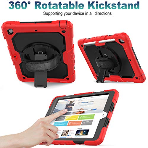 Image of SEYMAC stock Case for iPad 9th / 8th / 7th Generation 10.2'' with Screen Protector Pencil Holder, 360 Rotating Stand Shoulder Strap Protective Case for iPad 10.2 inch (2021 /2020 /2019), Red