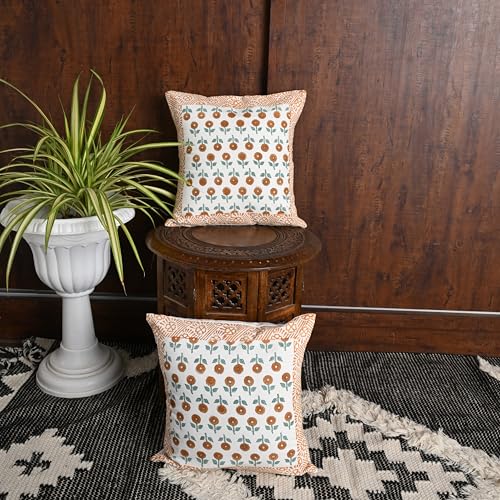 Image of Cotton Cushion Covers 16x16 Inch - Hand Block Floral Print Pillow Covers for Sofa, Couch & Bedroom Pack of 5, Yellow