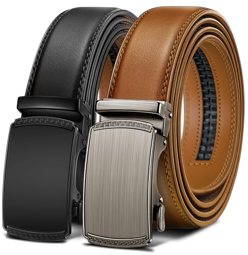 Image of BULLIANT Men's 2-Pack Ratchet Leather Belt Trimmable 1 3 /8 inch-Gift Boxed