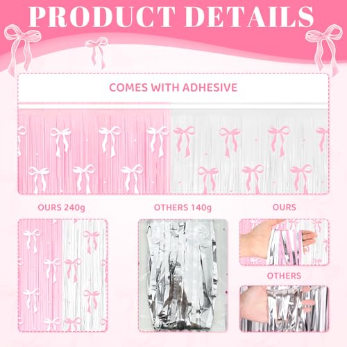 Image of 4 Pack Pink Bow Party Backdrop Decoration Pink Bow Foil Fringe Curtains for Girls Bow Birthday Baby Shower Decorations Bridal Shower Bachelorette Party Decor Supplies 3.2ft X 8.2ft
