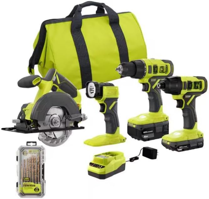 PCL1400K2-A972202 Fits for Ryobi 18V Cordless 4-Tool Combo Kit with 1.5 Ah Battery, 4.0 Ah Battery, Charger, and 22-Piece Titanium Drilling Set