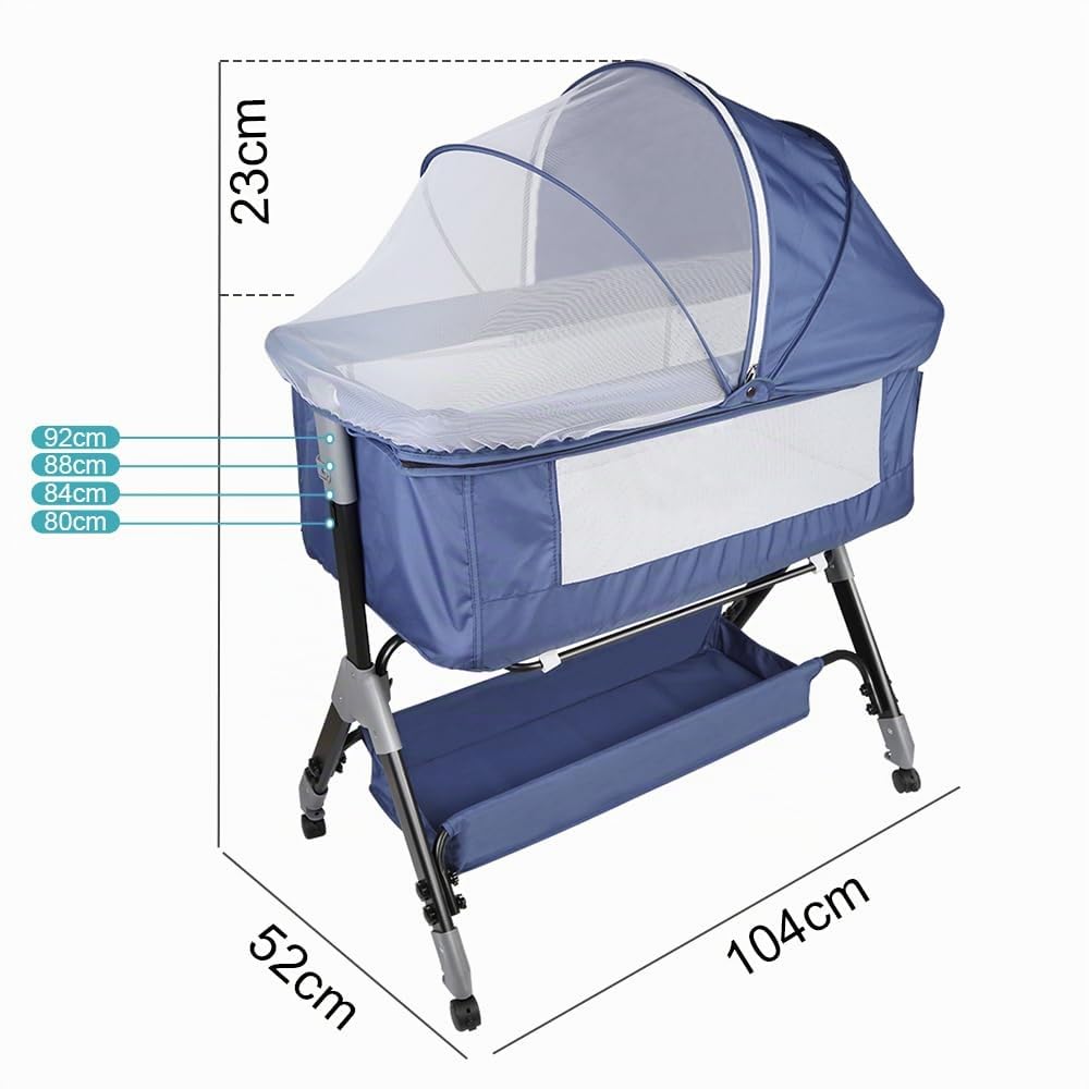 OHMG Bed multifunción 3 en 1,Cuna colecho y Parque,para niños de hasta 15 kg,con Ajuste de Altura de 5 Posiciones,con colchón,Correas de sujeción y Ruedas (Azul Tibetano (104x52x103-115cm))
