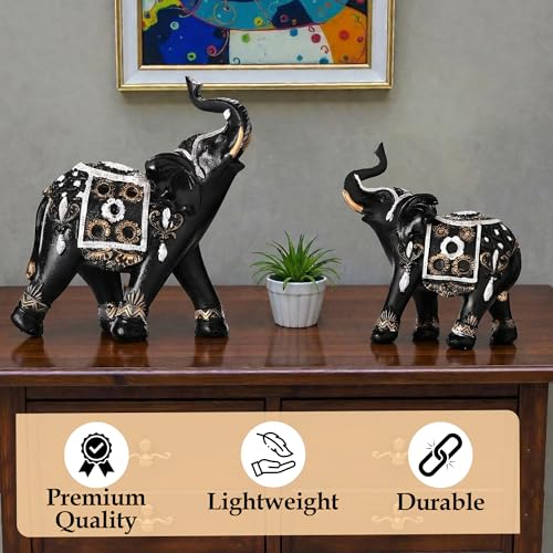 Image of Kuber Industries Set of 2 Elephant Figurines Idol for Home Decor | 6x5.5 Inch Resin Vastu Wealth, Prosperity Gift for Diwali & Housewarming | Black & Golden