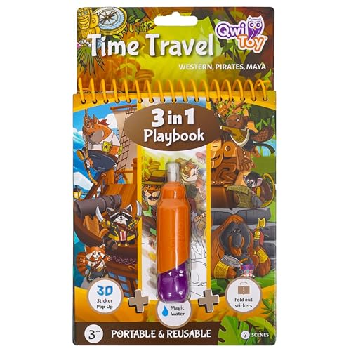 QwiToy 35158 Libro Gioco 3 in 1 Viaggi, 3 attività, Libro da Colorare con Penna Magica Ricolorabile, Scenario Apribile con Adesivi, Scenario Pop-Up 3D con Adesivi Puffy