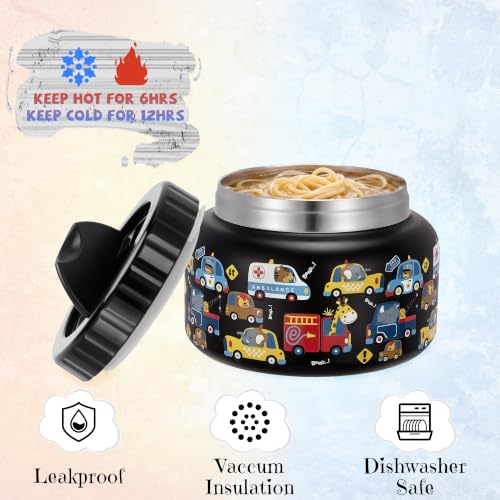 Image of PIQUEBAR 8oz Kids Thermo for Hot Food,Small Lunch Thermos Food Container Stainless Steel,Easy Open Wide Mouth Thermo for Hot Cold Food for Preschool Travel (Black Truck)
