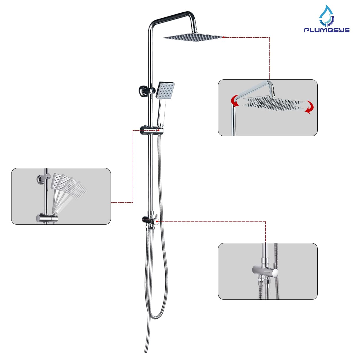 Columna de ducha cromada con cabezal de ducha cuadrado tipo lluvia de 20x20 cm, acero inoxidable.