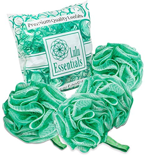 Lulu Essentials Premium Quality Green Loofah (4 Pack) Bath and Shower Sponge, Mesh Pouf Body Loofa, Scrubber Puff (Green)
