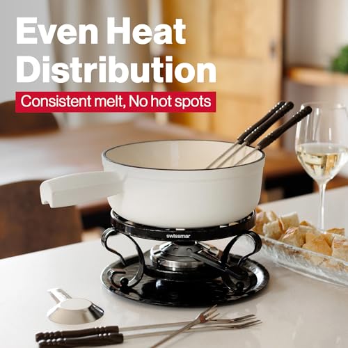 Image of Swissmar Lugano Cast Iron Cheese Fondue Set, 9-Piece, 2 QT / 2 L - Ideal for Melting Cheese, Chocolates, Caramel, & More - Perfect for Kitchen Collection & Gift Giving - Matte White