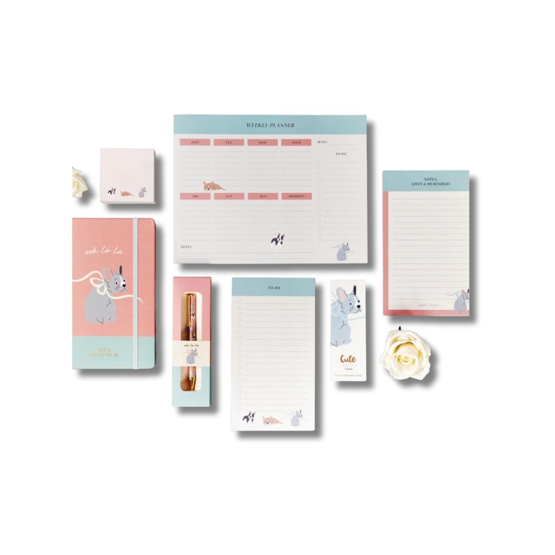 Cute Creations Dog Lovers Stationery Gift Set, 7 Piece Collection, A4/A5 Size, Includes Notebook, Planner, Notepad, Pen, Sticky Notes (French Bulldog Gift Set)