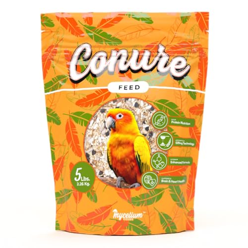 Mycelium Conure Feed (5 LB Bag) | Certified Organic, Non‑GMO Conure Food | Natural, Filler‑Free Bird Seed with Hulled Grains | Supports Brain, Heart & Digestive Health | Made in USA