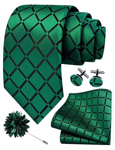 Image of GUSLESON 3.15 inch(8cm) Mens Tie and Lapel Pin Plaid Checkered Necktie Hankerchief Cufflinks Set for Men