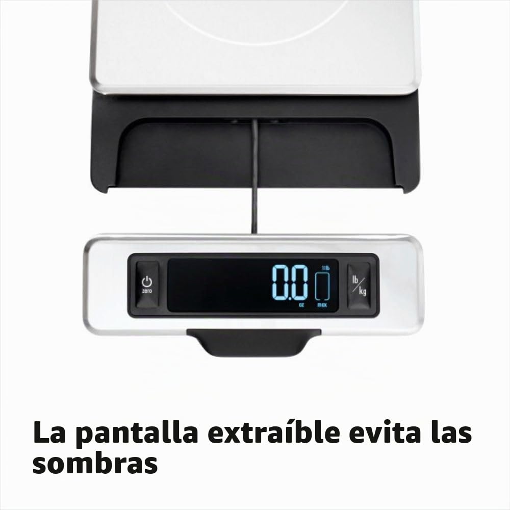 OXO Good Grips Balanza de Cocina de Acero Inoxidable de 5 kg: Pantalla Extraíble para Visualización sin Sombras + Números Digitales Fáciles de Leer + Diseño Compacto