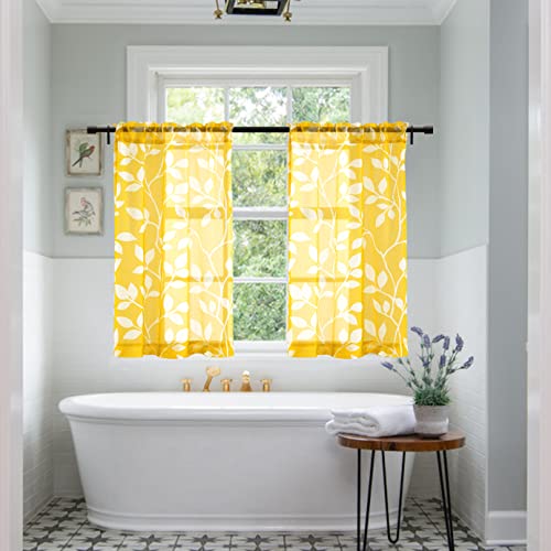Image of XTMYI Yellow Cafe Kitchen Curtains 36 Inch Length,Floral Sunflower Decor Tier Curtains Sets for Windows,Bright Lemon Yellow and White