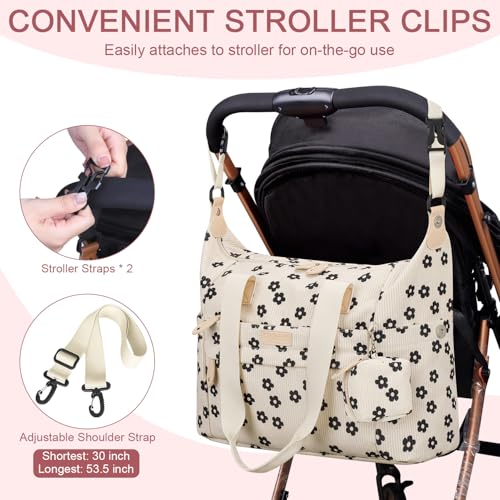 Image of Pritent Diaper Bag Tote - Diaper Baby Bags with Pacifier Case, Shoulder Straps, Stroller Clips, Waterproof Large Mommy Maternity Travel Baby Bag for Mom and Dad, Black flower, Medium