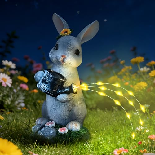 Cuteefun Conejo de Decoración Solar para Jardín Exterior, Figuras de Animales con Luz Solar, Estatua de Conejo con Regadera para Jardín, Decoración del Hogar y Regalo de Inauguración