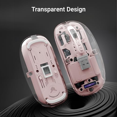 Image of ZEBRONICS Sheer Rechargeable Wireless Mouse, Dual Mode (2.4GHz + BT), Dual Bluetooth, Silent Operation, Transparent Body, RGB, Battery Indicator, for Mac | Laptop | Computer (Pink)