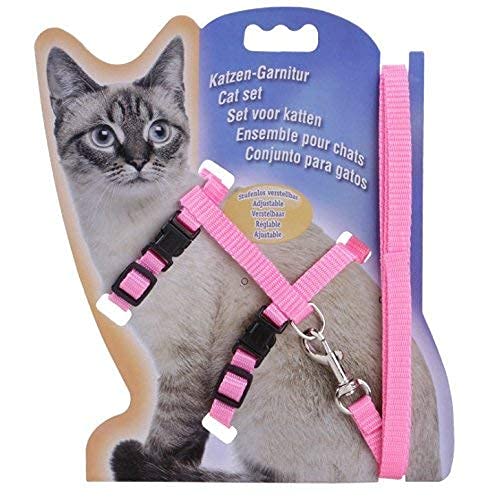 NARAYANMUNI Cat Adjustable Nylon Harness Strap Collar with Leash Set Small Pet Walking for Kitten- Nylon (Pink)