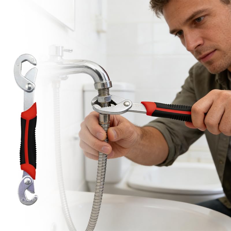 Adjustable Multi-purpose Wrench, 6mm-22mm Small Self Adjusting Pipe Wrench with Non-Slip Grip Mechanical Tools for Plumbing Faucet Sink, 8.3 Inches Long, Red and Black
