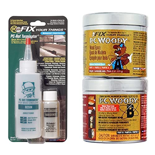 PC Products Wood Repair Epoxy Paste and Wood Hardener Kit, PC-Woody 6 oz and PC-Rot Terminator 3.5 oz, Tan, 6 oz Woody & 3.5 oz Rot Terminator Kit (03060)