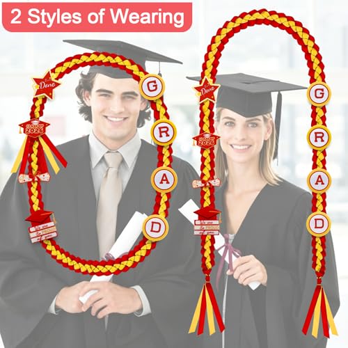 Cokacot Graduation Leis Class of 2026 Decorations, Handmade Double Braided Graduation Ribbon Leis with Glitter Pins for Him Her High School College Congrats Party Supplies (Red & Gold) — view 3