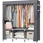 LOKEME Portable Closet, 61-Inch Portable Wardrobe with 3 Hanging Rods and 6 Storage Shelves, Non-Woven Fabric, Stable and Easy Assembly Grey Portable Closets for Hanging Clothes with Side Pockets