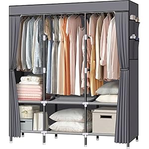 LOKEME Portable Closet, 61-Inch Portable Wardrobe with 3 Hanging Rods and 6 Storage Shelves, Non-Woven Fabric, Stable and Easy Assembly Grey Portable Closets for Hanging Clothes with Side Pockets