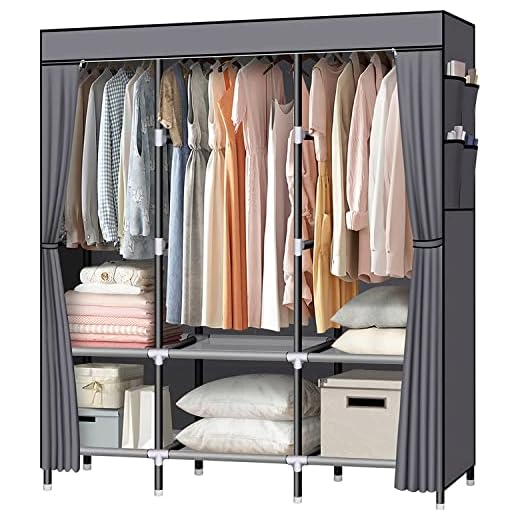 LOKEME Portable Closet, 61-Inch Portable Wardrobe with 3 Hanging Rods and 6 Storage Shelves, Non-Woven Fabric, Stable and Easy Assembly Grey Portable Closets for Hanging Clothes with Side Pockets