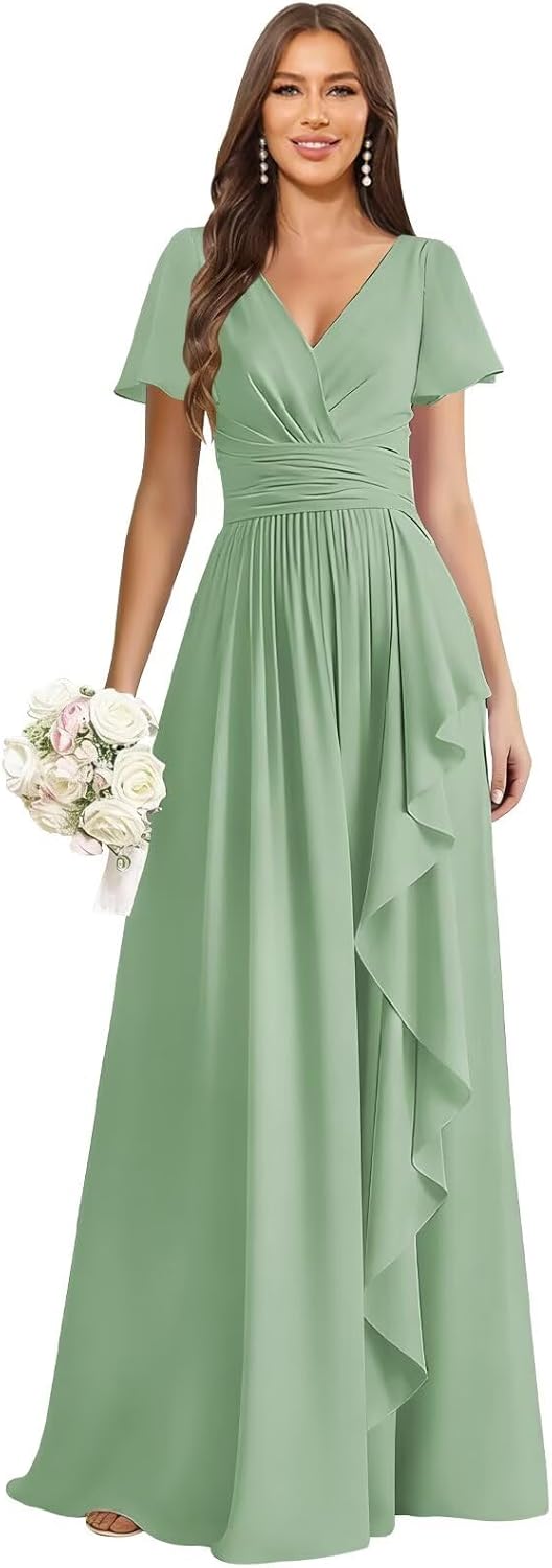 Bridesmaid Dresses with Sleeves Pleated Long Chiffon Ruffle Evening Dresses for Women
