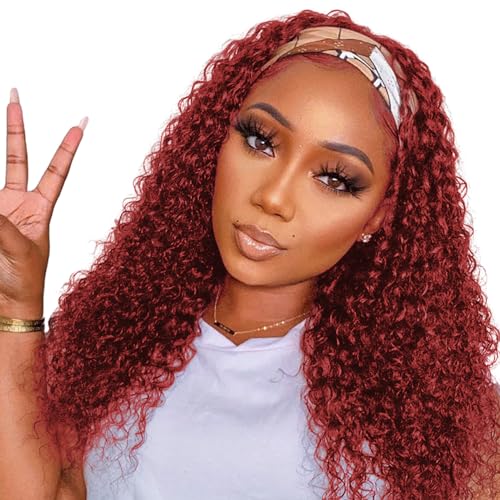 Image of 99J Burgundy Headband Wig Human Hair Deep Wave 16 Inch Red Colored Wigs | Glueless None Lace Front Curly Half Wigs for Black Women,Brazilian Virgin Hair Wear and Go Wig,Machine Made,150% Density
