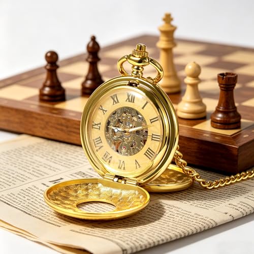 Image of TREEWETO Men's Mechanical Skeleton Pocket Watch for Mens Women Blue Roman Numerals Dial Double Case Pocket Watches