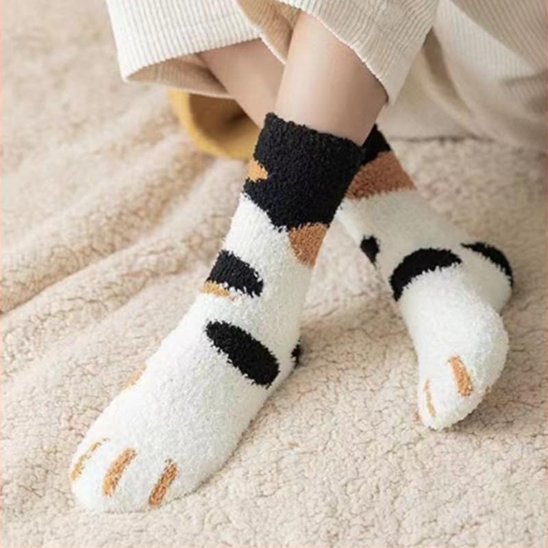 1 Pair Cozy Coral Fleece Cat Claw Calf Socks For Women, Thick Warm Winter Home Socks With Striped Pattern2