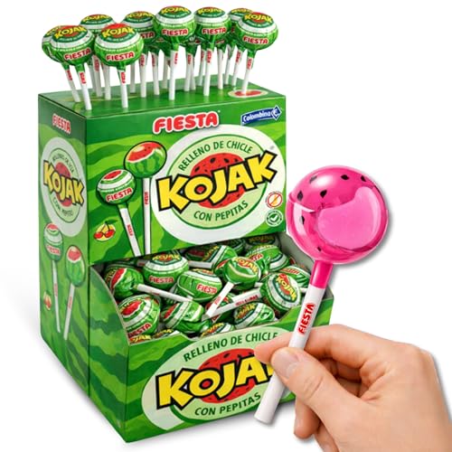 Caramelo con Palo Sabor Sandia, Caramelo relleno de Chicle Kojak, Apto para veganos, sin gluten, sin huevo y sin lactosa es completamente apto para celíacos, Contiene 1 caja con 500 unidades