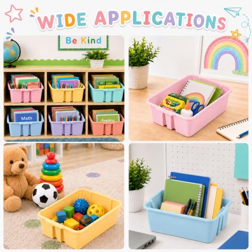 Yakydesign Book Organizer Set of 6 Classroom Decor Bin storage Homeschool Organization Plastic Bins with Handle Cubby Storage Classroom Stackable Bins for Home Office School Supplies (Pink Purple) - Image 6