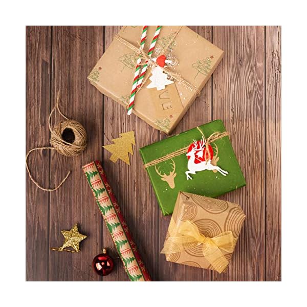 RUSPEPA Weihnachts-Geschenkpapier – Braunes Kraftpapier mit rotem und grünem Muster für Geschenk-Weihnachtselement… – Bild 4