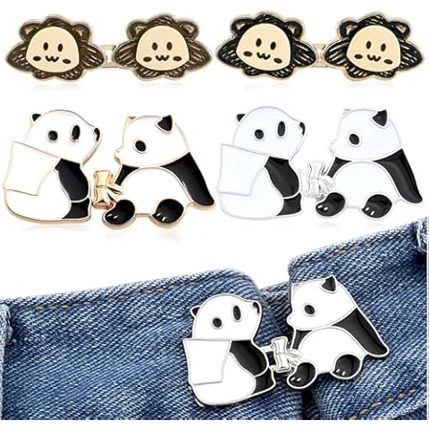 TECHPLUS 4 Sets Instant Pant Waist Tightener - Cute Panda & Lion Button Pins for Jeans,Tool-free Adjustable Loose Jeans Waist Buckle for Women Men Girls Kids Cover