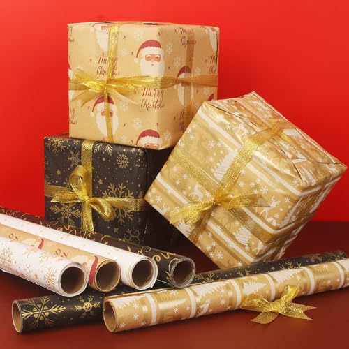 6 Rollen Geschenkpapier Weihnachten,43cm x 3m Geschenkpapier Geburtstag,mit Goldene Zwiebelbandx1, für Geschenkverpackung Weihnachten,Hochzeit,Geburtstag
