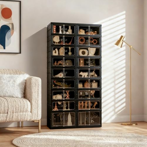 Image of Foldable Shoe Organizer Storage Box Set of 2, Portable Extra Large Folding Shoe Rack for Closet, Shoe Storage Box with Magnetic Transparent Door and Wheels, 9 Layers 18 Grids with 2 Big Grids