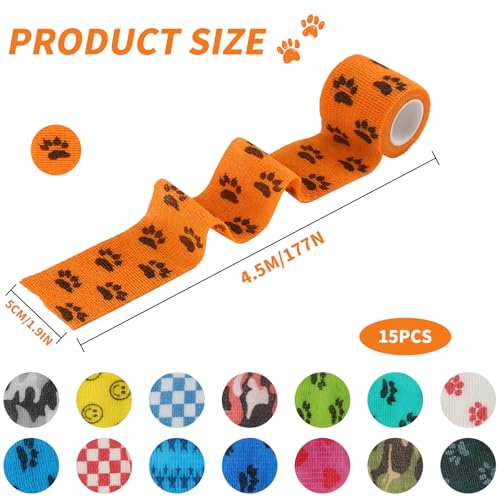15 Roll Verband Selbsthaftende, Selbstklebender Verband Hund 5 cm x 4,5m, Selbsthaftend Binden Klebeverband Selbstklebend für Hund Selbsthaftende Haftbandage, Haustier Fixierbinde