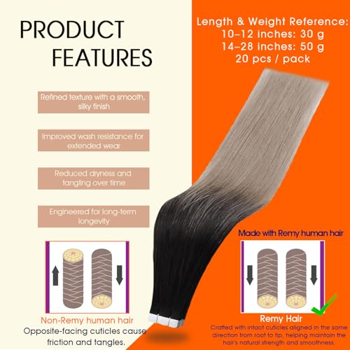Image of Full Shine Tape ins Human Hair Extensions Color 1B Black Ombre 18 Ash Blonde Remy Hair Extensions Real Human Hair Tape in 22Inch 50Gram Straight Seamless Skin Weft 20Pcs Add Volume