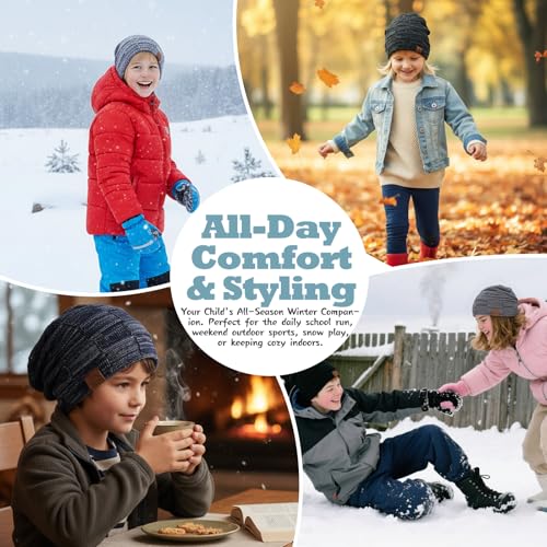 Image of Kids Winter Beanie Hats 3 Packs, Warm Skull Cap Cozy Fleece Lined for Boys Girls 4-15Y Slouchy Beanie Windproof Knitted Hat