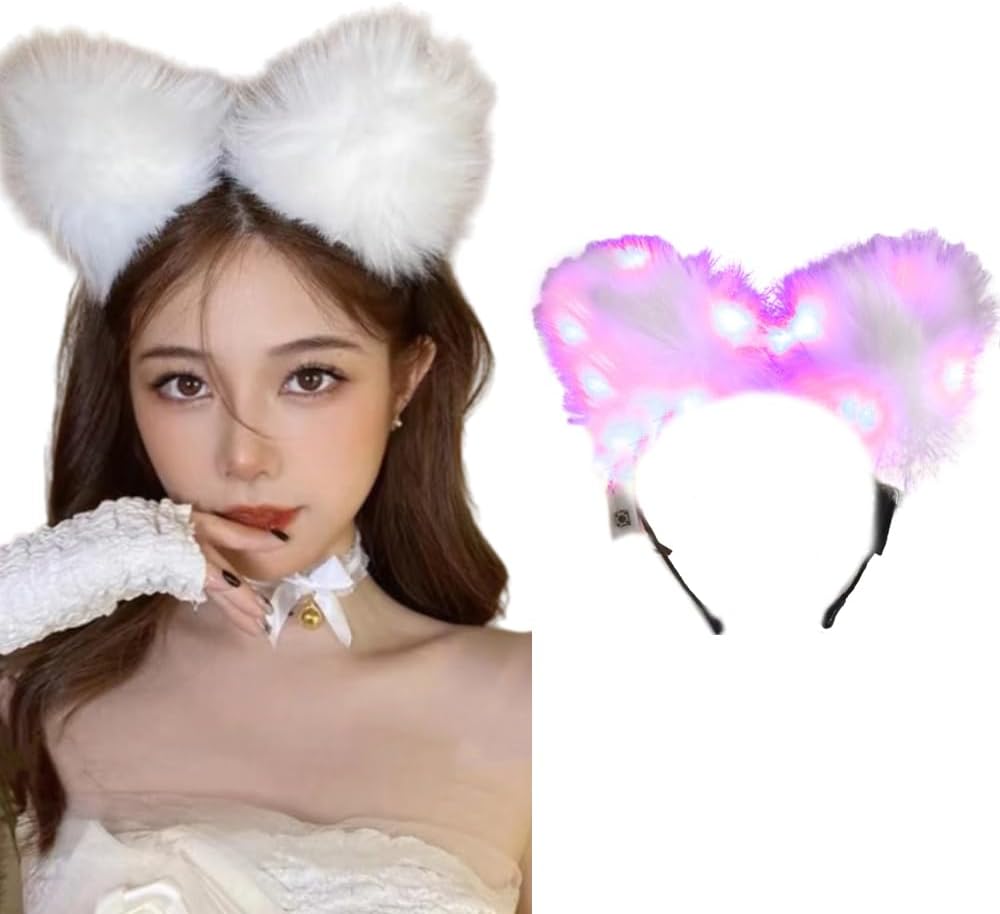 Light Up Headbands LED Cat Ears Headband Faux Fur Hair Hoop For Halloween Cosplay Costume Christmas Party