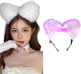 Light Up Headbands LED Cat Ears Headband Faux Fur Hair Hoop For Halloween Cosplay Costume Christmas Party