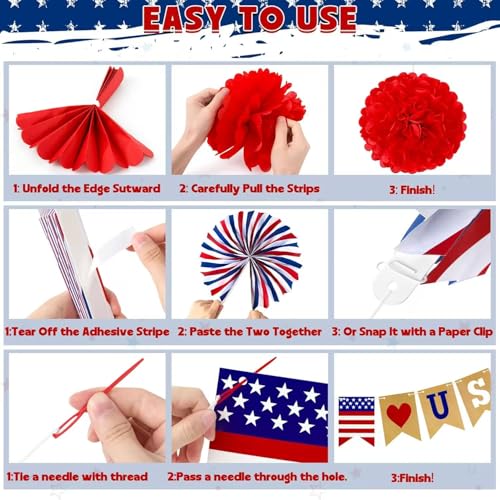 Image of 26Pcs Patriotic Decorations - Red, White & Blue USA Flag Party Pack for Fourth of July, Includes Paper Fans, Pom Poms, Hanging Swirls, Banner & Star Streamer
