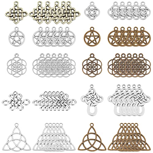 SUNNYCLUE 1 Box 60Pcs 10 Styles Celtic Knot Charms Pendants Pagan Chinese Trinity Knot Flower of Life Chakra Tibetan Style Alloy Hollow Pendants for Crafts Making Supplies Antique Silver Bronze