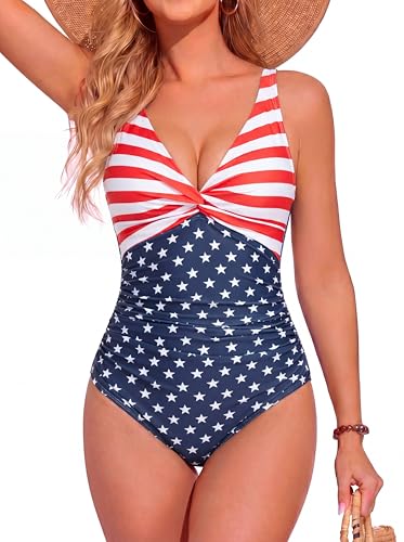 Image of Smismivo Women's Tummy Control Swimsuit One Piece Slimming Ruched Push Up Bathing Suit Vintage Padded Retro V Neck Swimwear