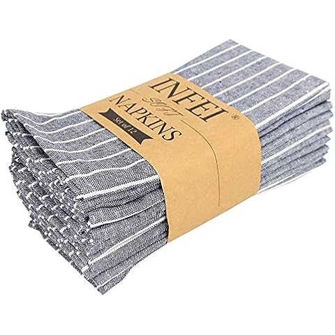 INFEI White Striped Linen Cotton Dinner Cloth Napkins - Set of 12 (40 x 30 cm) - for Events & Home Use (Navy) Cover