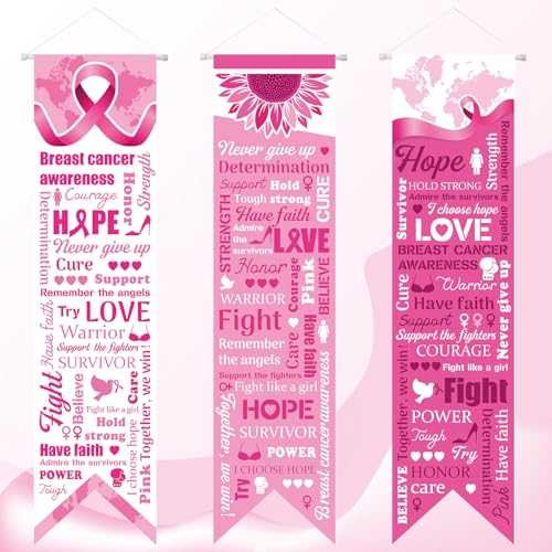 Image of Chiisong 3 Pieces Breast Cancer Awareness Decorations Pink Ribbon Banners Porch Signs Awareness Ribbon Hanging Backdrops for Indoor Outdoor Breast Cancer Party Decor Supplies